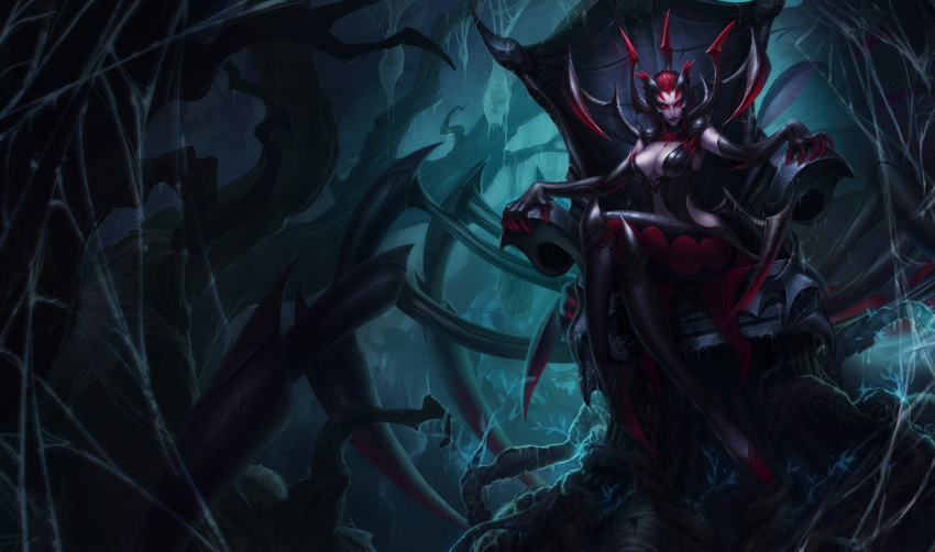 1girl black_hair elbow_gloves elise_(league_of_legends) gloves league_of_legends multicolored_hair official_art pale_skin red_eyes redhead short_hair spider_girl spider_web tagme two-tone_hair