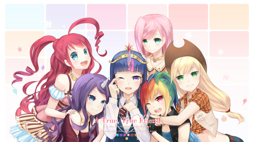 6+girls ahoge applejack aqua_eyes bangs bare_shoulders blonde_hair blue_eyes blunt_bangs blush bowtie english fingerless_gloves fluttershy food_themed_clothes friends gloves green_eyes hand_on_another's_head hand_on_shoulder happy happy_tears hat highres horn hug jewelry long_hair looking_at_viewer low-tied_long_hair multicolored_hair multiple_girls my_little_pony my_little_pony_friendship_is_magic necklace personification pink_eyes pink_hair pinkie_pie ponytail purple_hair rainbow_dash rainbow_hair rarity skirt smile symbol-shaped_pupils tears tsuruki_noki twilight_sparkle vertical_stripes vest violet_eyes wavy_hair wince wink wiping_tears