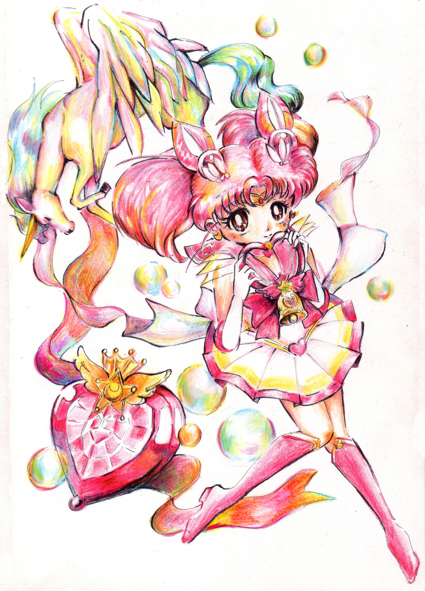 1girl absurdres bell bishoujo_senshi_sailor_moon boots chibi_usa colored_pencil_(medium) crystal full_body hair_ornament hairclip heart helios highres holding horn horse kmmmmmk magical_girl mane pegasus pegasus_(sailor_moon) pink_hair sailor_chibi_moon skirt star super_sailor_chibi_moon tiara traditional_media twintails