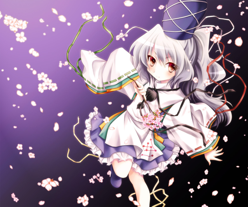 1girl branch cherry_blossoms gradient gradient_background hat japanese_clothes komiru leg_up long_sleeves looking_at_viewer mononobe_no_futo opn_hand ponytail red_eyes ribbon short_hair silver_hair smile solo tate_eboshi touhou wide_sleeves