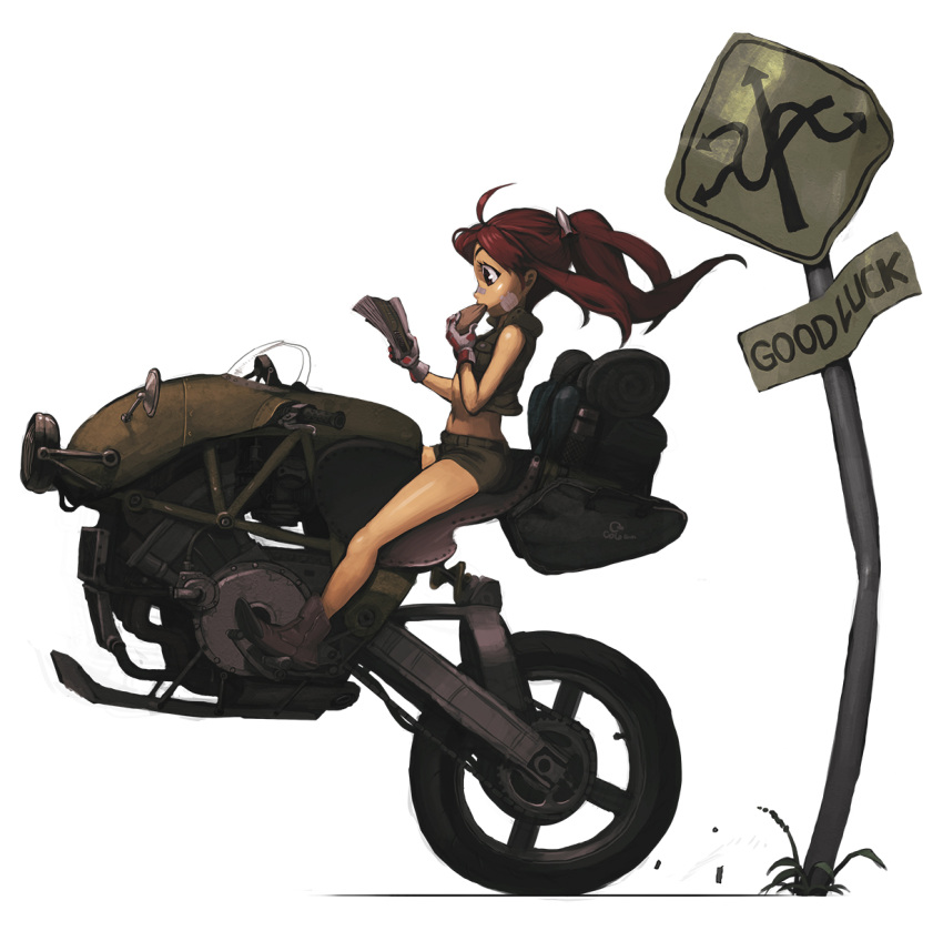 1girl ahoge bandaid brown_hair eating english highres long_hair motor_vehicle motorcycle original ponytail reading rias-coast riding road_sign shorts sign simple_background solo vehicle white_background