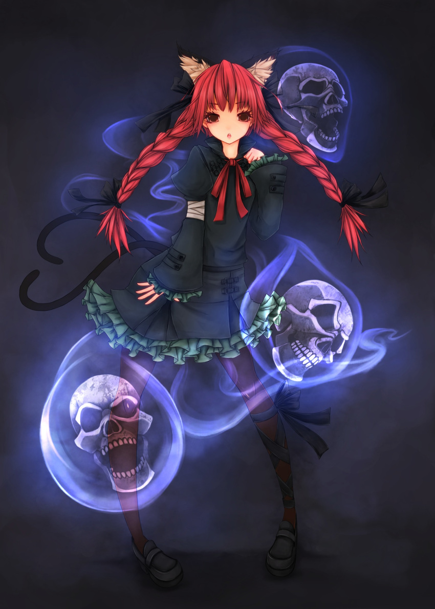 1girl :o animal_ears arm_up bandages blue_background blue_fire bow braid cat_ears cat_tail dress extra_ears fire hair_bow highres kaenbyou_rin leg_ribbon looking_at_viewer maru-pen multiple_tails open_mouth pantyhose red_eyes redhead ribbon short_hair skirt skull sleeves_past_wrists solo tail touhou twin_braids