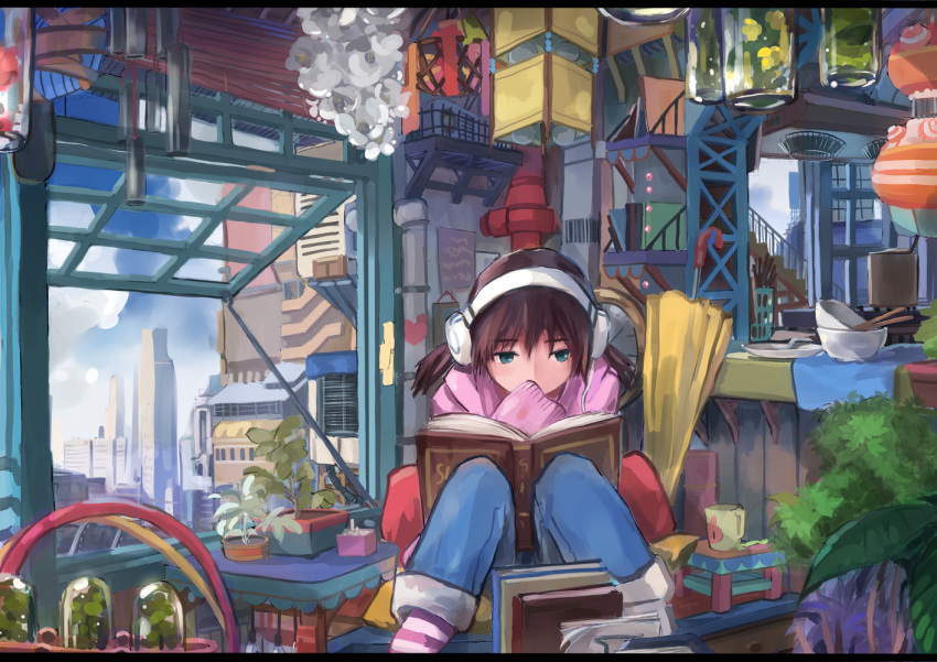 1girl blue_eyes book bowl brown_hair cup dlkdhy flower headset lantern original plant reading short_hair sitting solo twintails