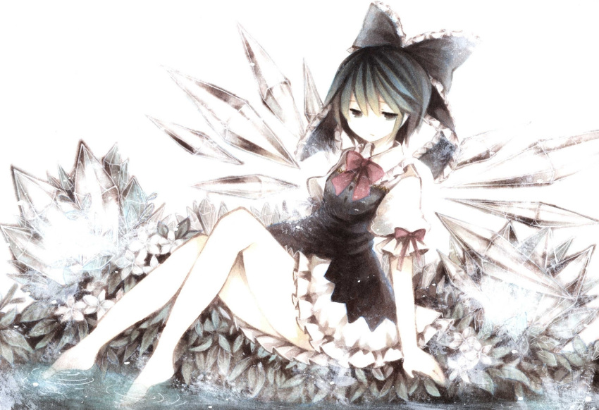 1girl arm_ribbon bare_legs barefoot blue_dress blue_eyes blue_hair bow cirno dress flower hair_bow half-closed_eyes highres ice ice_wings puffy_sleeves shirt short_hair short_sleeves sitting soaking_feet solo touhou water wings wiriam07