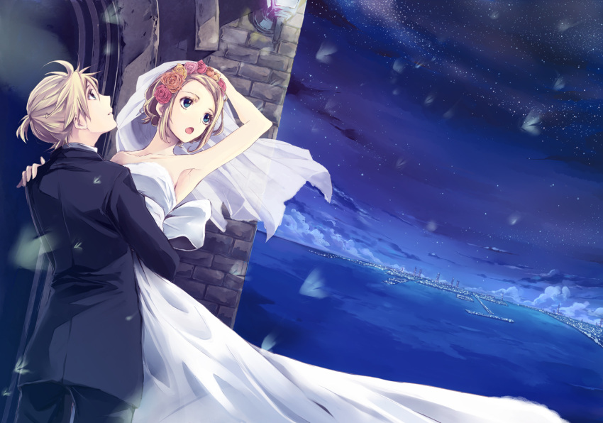 1boy 1girl armpits blonde_hair blue_eyes bridal_veil brother_and_sister carrying clouds couple dress flower formal hair_ornament hetero hug incest kagamine_len kagamine_rin mayumelo night night_sky ocean open_mouth scenery siblings sky suit twins veil vocaloid wedding_dress