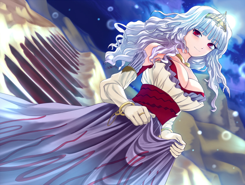 1girl bracelet breasts cleavage dress dutch_angle elbow_gloves gloves idolmaster jewelry large_breasts long_hair moon night oretoreon red_eyes ring shijou_takane silver_hair skirt skirt_lift smile solo stairs tiara wavy_hair
