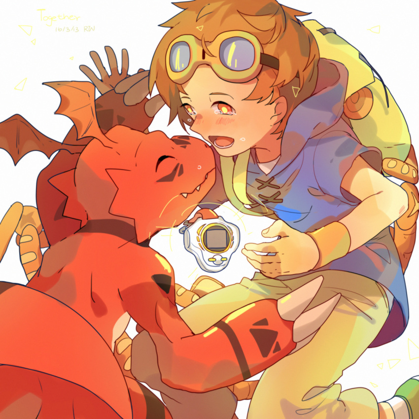 1boy artist_name backpack bag blush bread brown_hair claws closed_eyes dated digimon digimon_tamers digivice english food goggles goggles_on_head guilmon highres hoodie matsuda_takato monster red_eyes rw_(567173350) sharp_teeth short_hair tears wristband