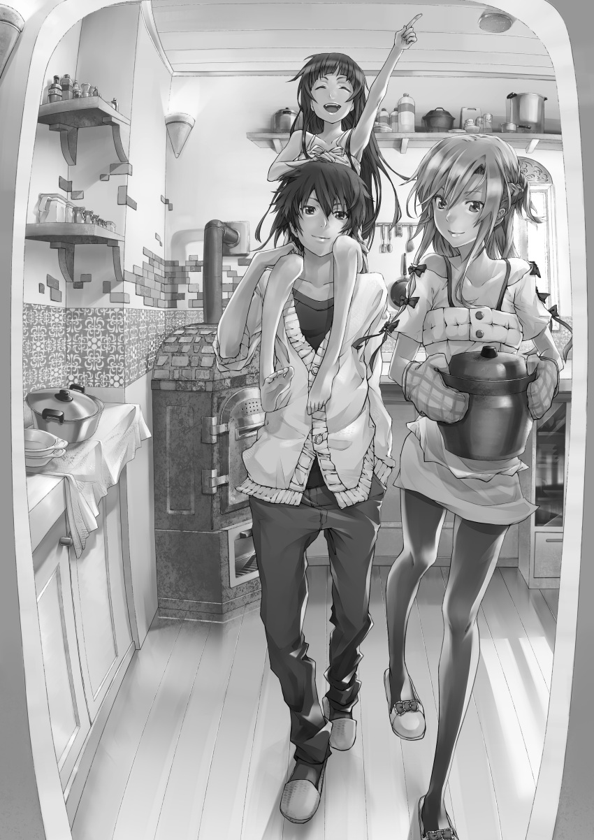 1boy 2girls absurdres asuna_(sao) barefoot cardigan carrying essual_(layer_world) female fisheye highres kirito male monochrome multiple_girls oven_mitts pantyhose pot sandals shoulder_carry sword_art_online yui_(sao) yuuki_asuna