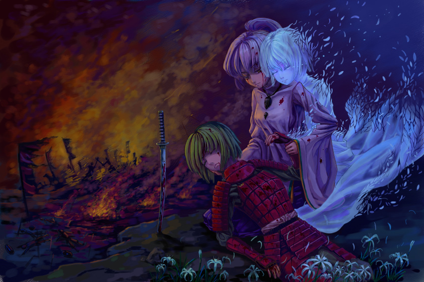 2girls absurdres armor blood blood_from_mouth blood_on_face blood_on_hair bloody_tears death disintegration fire flag ghost green_hair highres hug hug_from_behind japanese_clothes katana looking_down mononobe_no_futo multiple_girls planted_sword planted_weapon ponytail rock samurai silver_hair soga_no_tojiko sword touhou weapon wrist_grab yellow_eyes zombie1985823