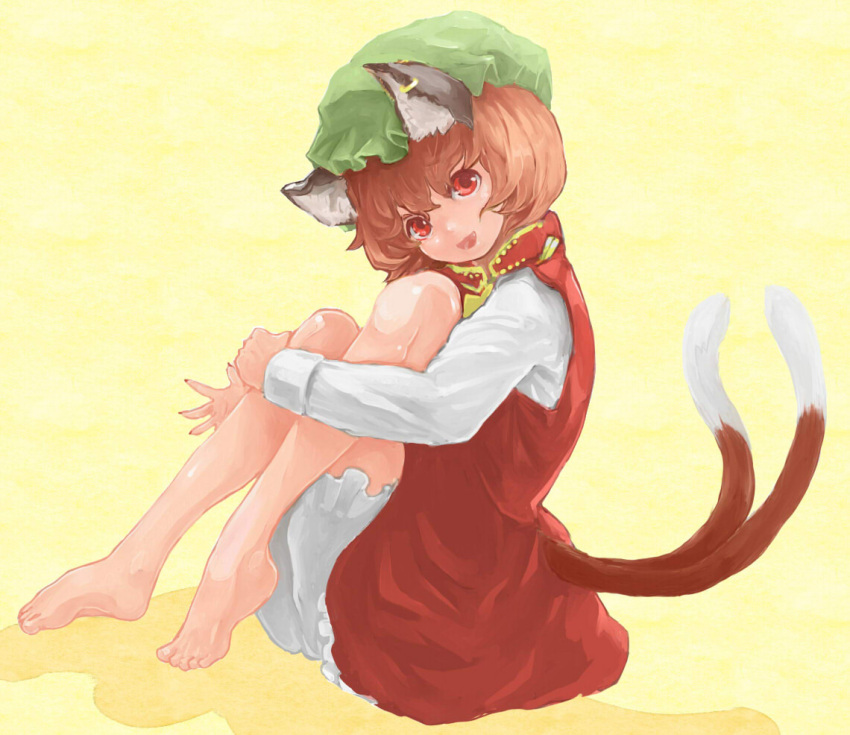 animal_ears barefoot bloomers brown_hair cat_ears cat_tail chen earrings hat jewelry knees_up ma_nyan_(nyao_mao_nyao) multiple_tails nail_polish red_eyes short_hair sitting smile tail touhou underwear