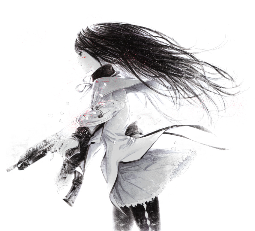 1girl akemi_homura black_hair black_legwear blood blood_on_face bloody_clothes capelet gun highres left-handed long_hair long_sleeves magazine_(weapon) magazine_ejection magical_girl mahou_shoujo_madoka_magica monochrome pantyhose sawasawa shield shirt simple_background skirt solo spot_color submachine_gun weapon white_background