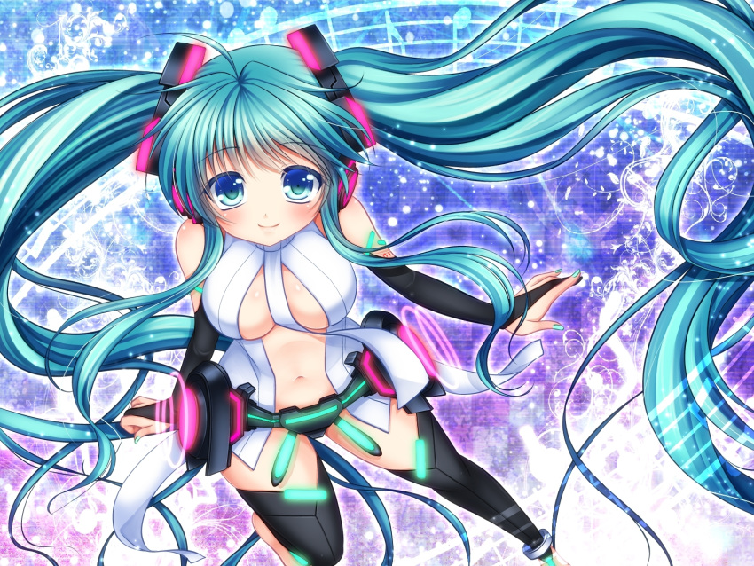 1girl anklet aqua_eyes aqua_hair asazuki_kanai bridal_gauntlets center_opening hatsune_miku headphones highres jewelry long_hair looking_at_viewer miku_append nail_polish navel necktie smile solo thigh-highs twintails very_long_hair vocaloid vocaloid_append