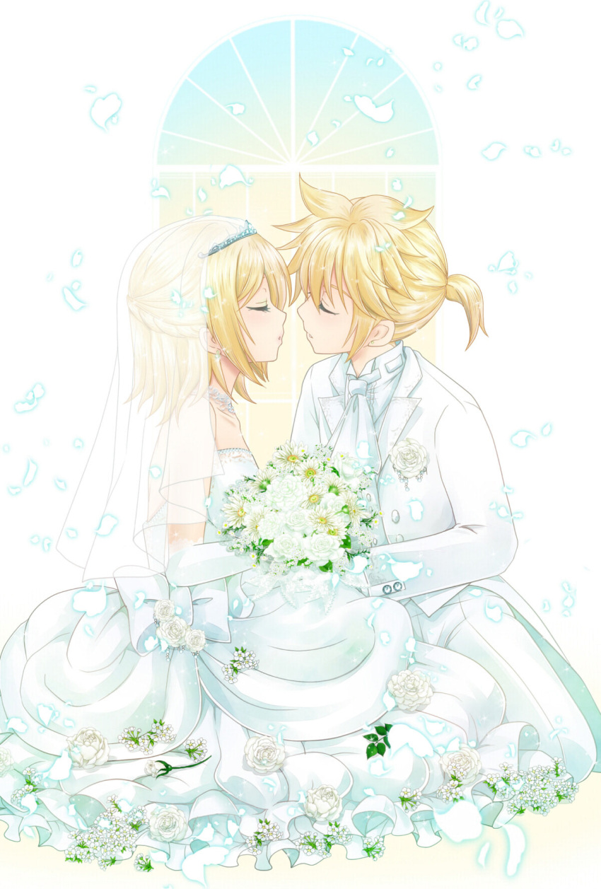 1boy 1girl bare_shoulders blonde_hair blush bouquet bridal_veil bride brother_and_sister closed_eyes couple dress earrings elbow_gloves flower formal gloves highres incest incipient_kiss jewelry kagamine_len kagamine_rin kiss necklace ponytail short_hair siblings suit twincest twins veil vocaloid wedding wedding_dress zashiki_usagi
