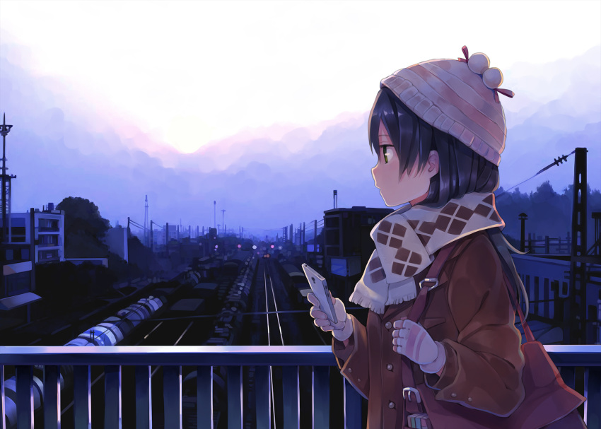 1girl bag beanie black_hair bridge cityscape coat green_eyes hao_(patinnko) hat highres long_hair original profile railroad_tracks scarf shoulder_bag smartphone solo train winter_clothes