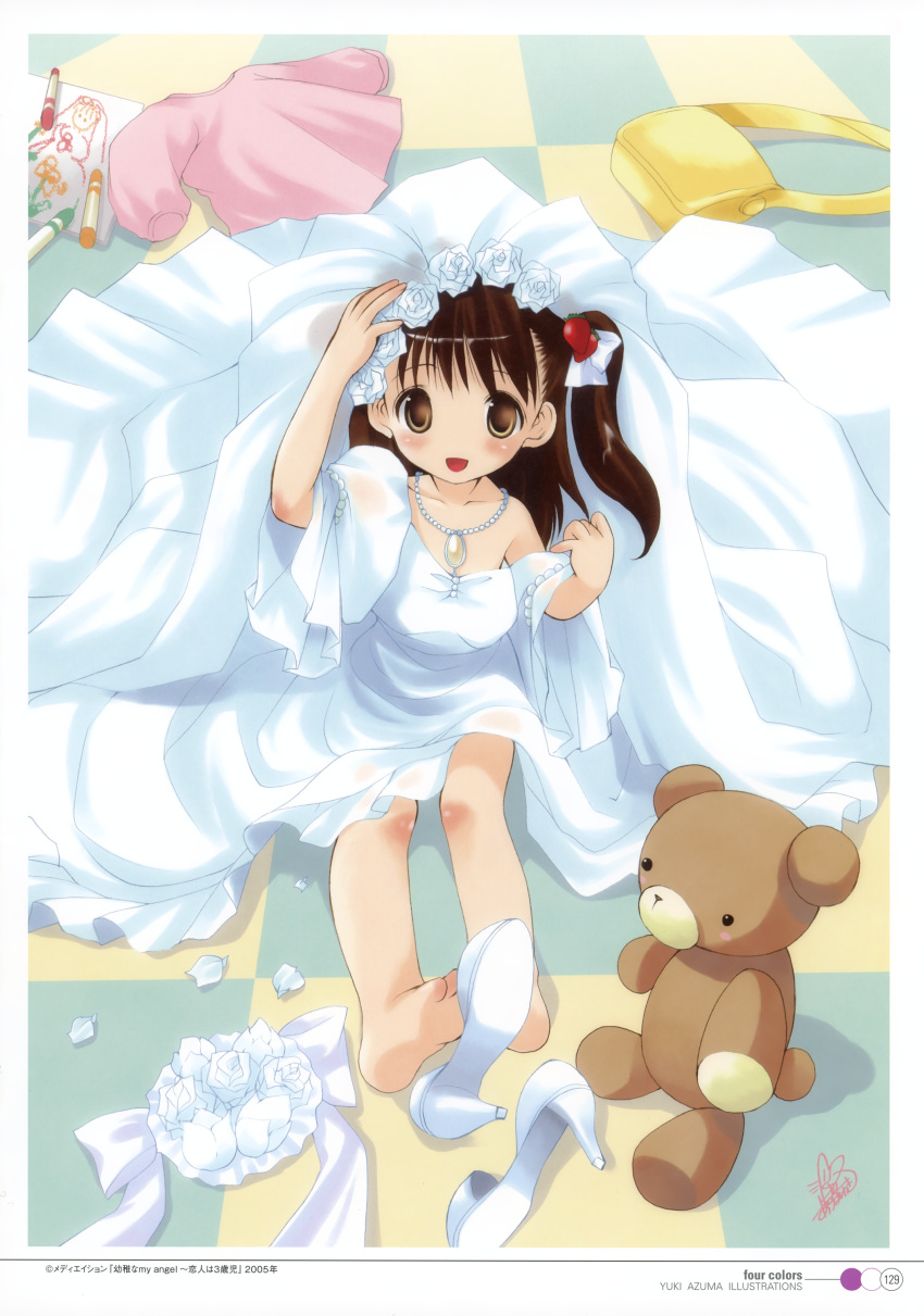 1girl absurdres azuma_yuki brown_hair child dress-up hair_ornament high_heels highres oversized_clothes pearl_necklace scribble shoes side_ponytail signature stuffed_animal stuffed_toy tagme teddy_bear