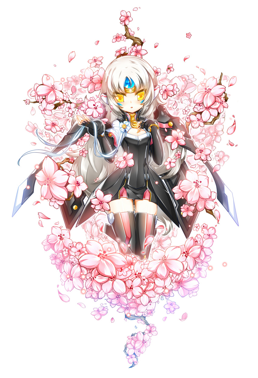 1girl absurdres armor cherry_blossoms elsword eve_(elsword) expressionless flower forehead_jewel gloves highres long_hair mecha_musume poseich skirt solo thigh-highs white_hair yellow_eyes