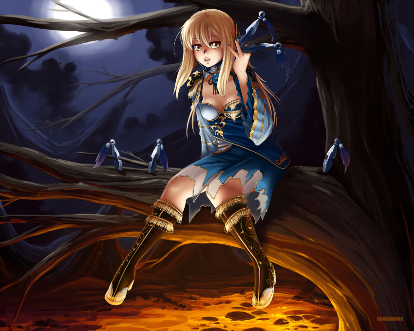 1girl barbariank blonde_hair boots breasts character_request full_moon in_tree knee_boots kunai long_hair moon nail_polish night night_sky sitting sitting_in_tree sky solo tree weapon yellow_eyes