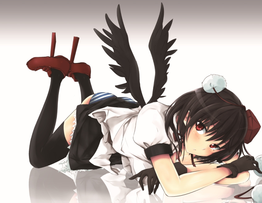 1girl ass bird_wings black_gloves black_hair black_legwear blush cibo_(killy) crossed_arms geta gloves hat hat_ribbon legs_up looking_at_viewer lying on_stomach panties puffy_sleeves red_eyes red_shoes reflective_floor ribbon shameimaru_aya shirt shoes short_sleeves skirt skirt_lift solo striped striped_panties thigh-highs tokin_hat touhou underwear