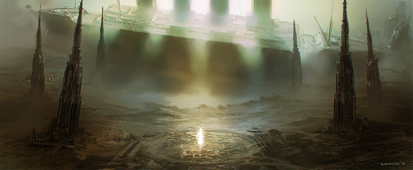 1girl building city fog glowing original rounin_(amuza) ruins ship skyscraper solo water