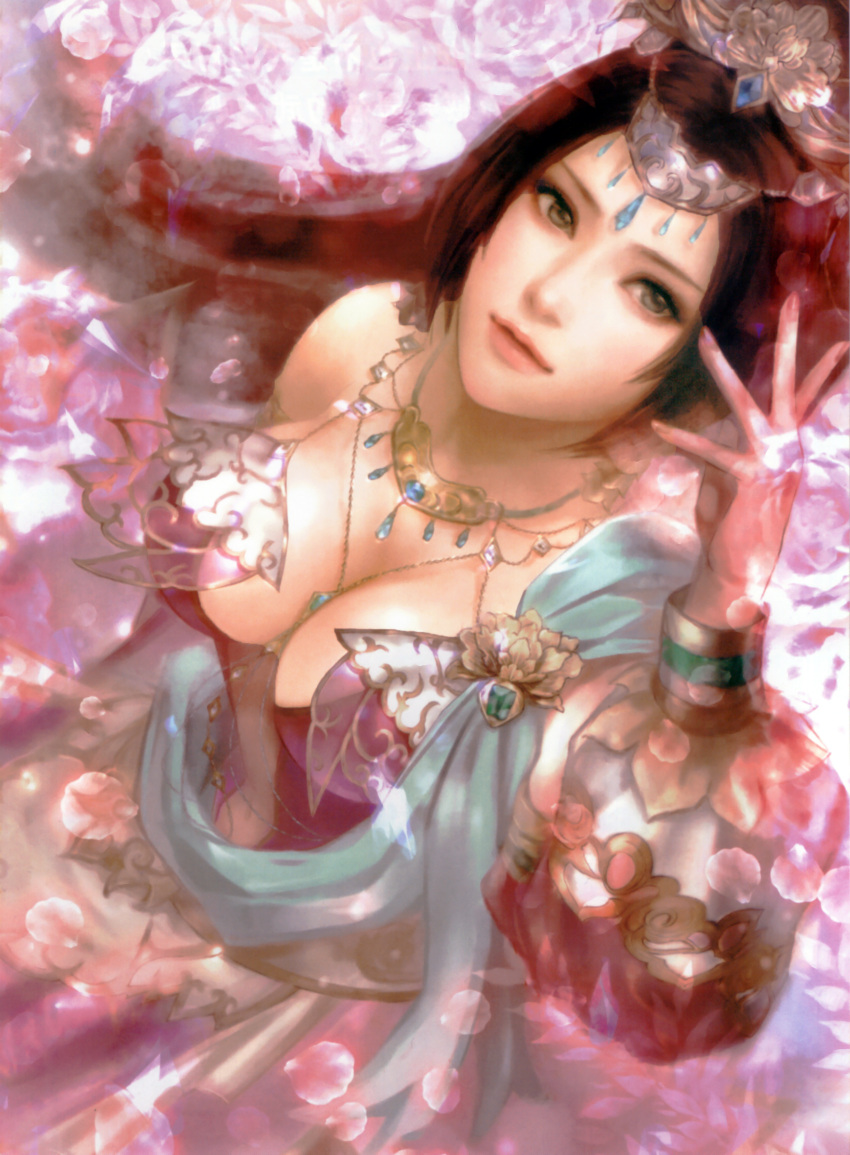 1girl absurdres artist_request bare_shoulders between_breasts black_hair breasts brown_eyes cleavage detached_sleeves diao_chan headgear highres jewelry lips nail_polish navel necklace sash scan shin_sangoku_musou solo