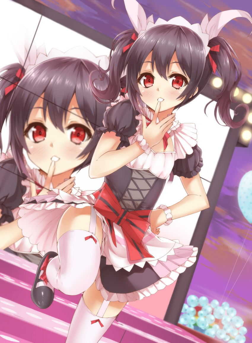 1girl balloon black_hair dress finger_to_mouth garter_straps hand_on_hip heirou highres leg_up long_hair love_live!_school_idol_project parted_lips red_eyes sky solo stage thigh-highs white_legwear yazawa_nico