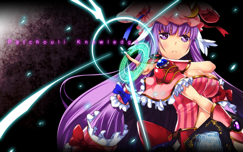 1girl alternate_clothing blush book bow breasts cleavage crescent crossed_arms hair_bow hat highres large_breasts long_hair looking_at_viewer magic_circle midriff patchouli_knowledge purple_hair solo touhou violet_eyes yuuzii