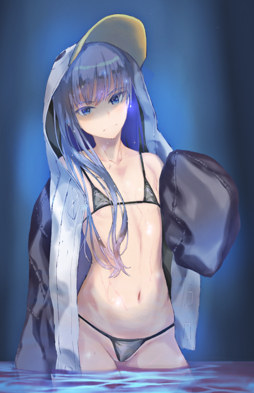 1girl bangs bikini blue_eyes blue_hair closed_mouth cow dai00888 eyebrows_visible_through_hair fate/grand_order fate_(series) flat_chest grey_bikini groin head_tilt highres long_hair looking_at_viewer meltryllis meltryllis_(swimsuit_lancer)_(fate) micro_bikini shiny shiny_hair solo standing swimsuit wading wet_hat