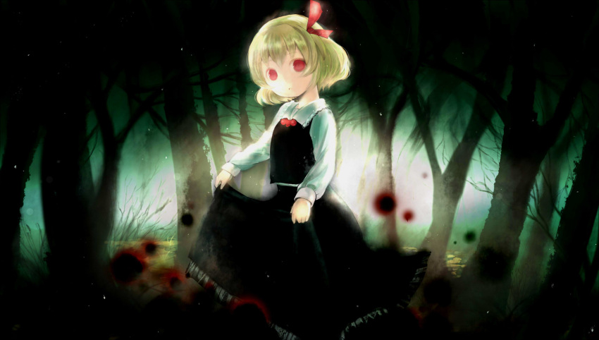 1girl blonde_hair dress dress_lift forest frills hair_bow highres looking_at_viewer nature red_eyes rumia solo touhou tree yuubari_makuwa