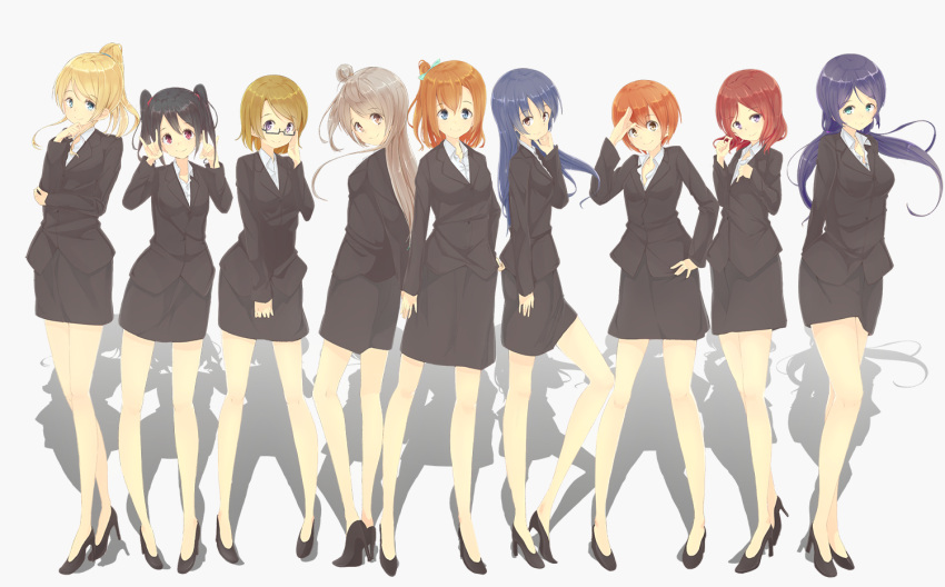 6+girls \n/ alp ayase_eli blonde_hair blue_eyes blue_hair brown_eyes brown_hair formal high_heels hoshizora_rin koizumi_hanayo kousaka_honoka long_hair love_live!_school_idol_project minami_kotori multiple_girls nishikino_maki office_lady purple_hair red_eyes redhead shadow shoes simple_background skirt_suit sonoda_umi suit toujou_nozomi violet_eyes yazawa_nico