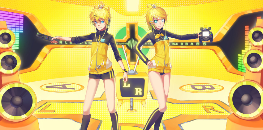 blonde_hair controller game_controller hair_ornament hairclip headphones highres kagamine_len kagamine_rin kneehighs madyy remote_control rimocon_(vocaloid) speaker television track_jacket vocaloid yellow