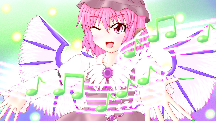 1girl armband bird_wings brooch dress gradient gradient_background hat jewelry light_particles light_trail long_sleeves looking_at_viewer miyakazu musical_note mystia_lorelei open_hand open_mouth outstretched_arms pink_eyes pink_hair short_hair solo spread_arms touhou wink