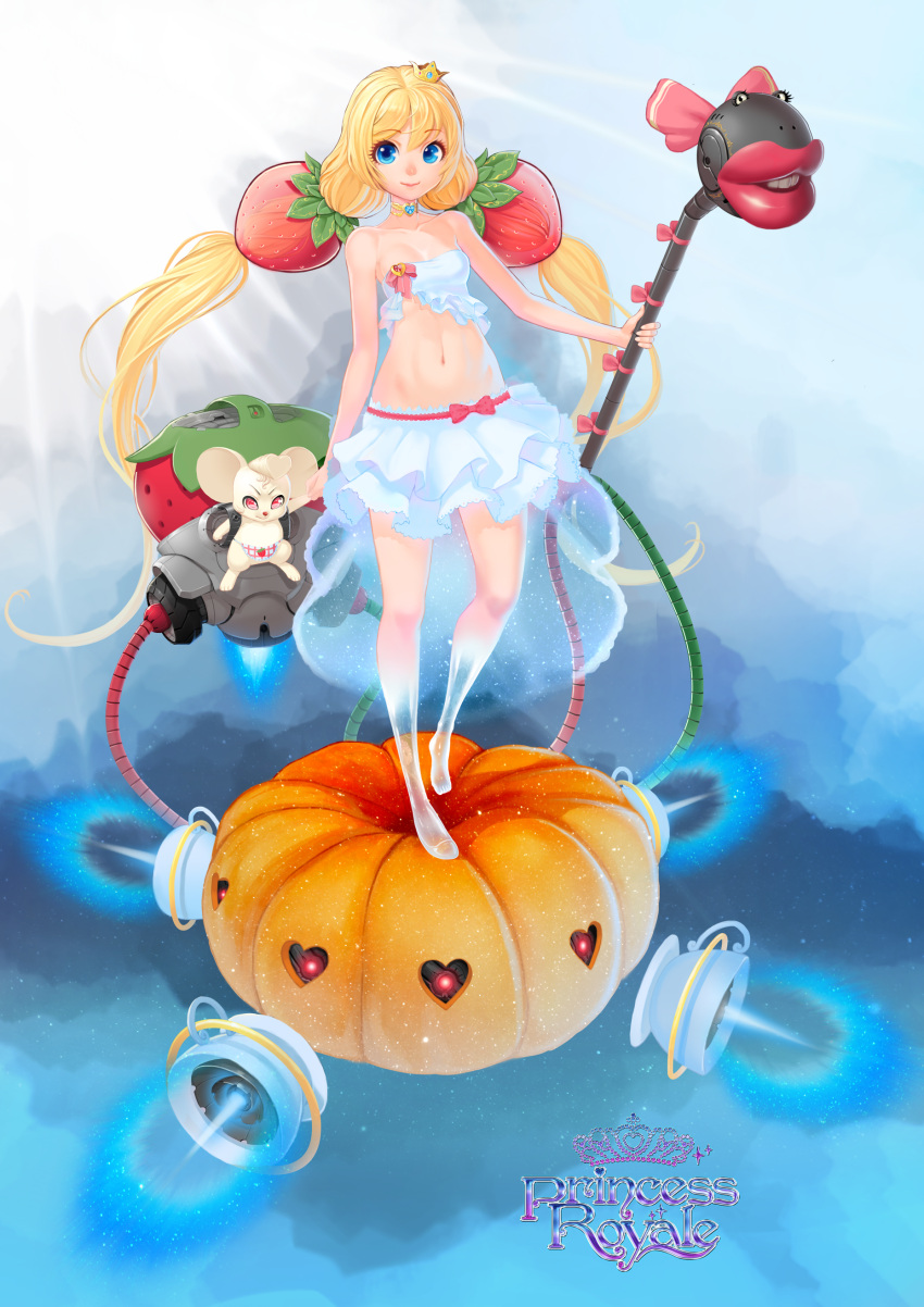 absurdres blonde_hair blue_eyes breasts choker cinderella cleavage drill_hair food food_themed_clothes fruit highres lips long_hair lucknight midriff mouse navel original pixiv princess_royale pumpkin single_shoe skirt staff strawberry twin_drills very_long_hair