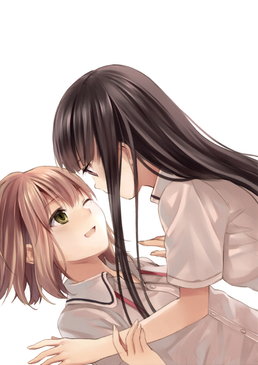 2girls absurdres bangs black_hair blush brown_hair closed_eyes couple eye_contact fukahire_sanba girl_on_top highres long_hair looking_at_another multiple_girls open_mouth original ribbon scan school_uniform short_hair simple_background smile wink yellow_eyes yuri