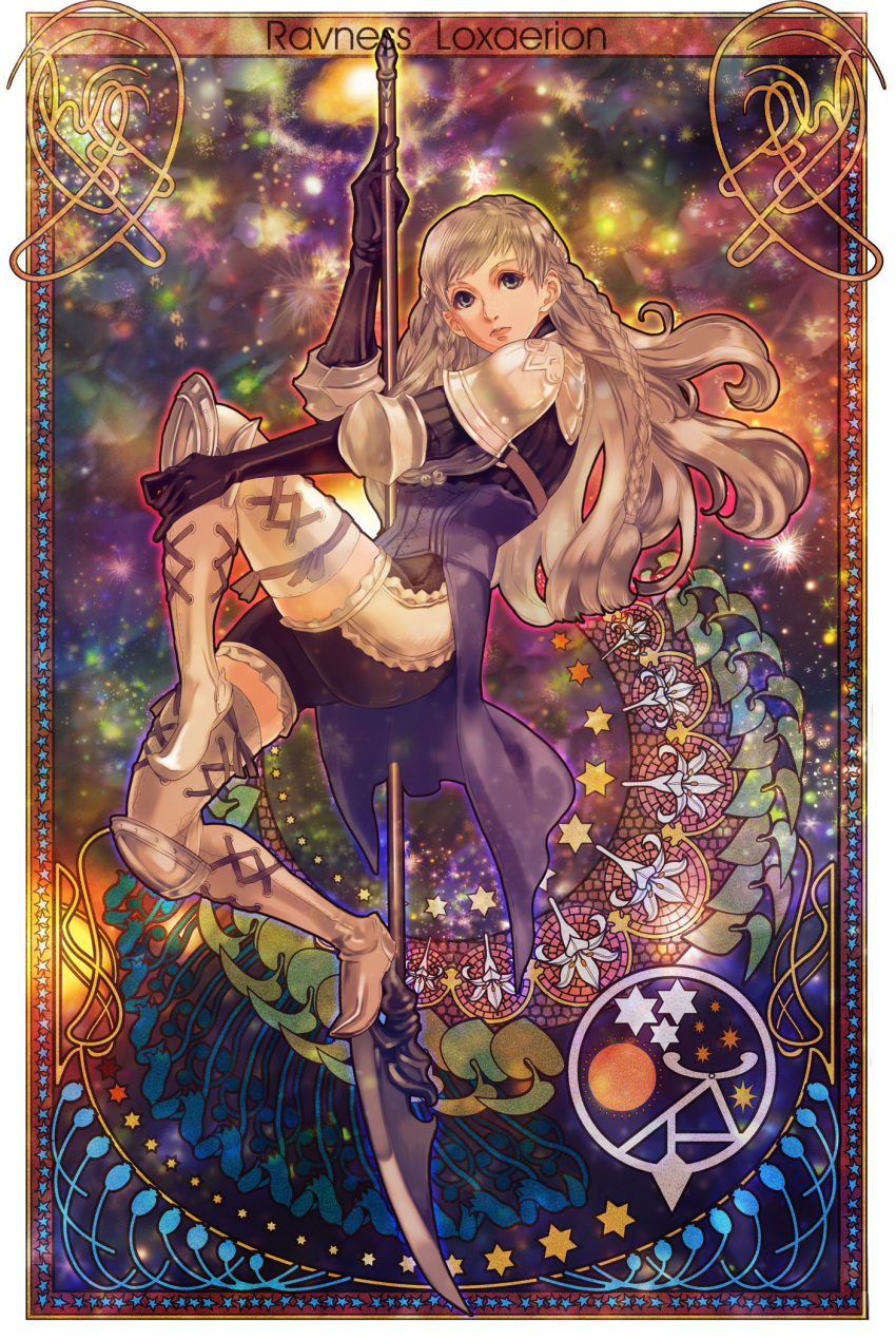 1girl armor art_nouveau blonde_hair blue_eyes braid character_name corset elbow_gloves flower full_body gloves highres lily_(flower) long_hair polearm ravness_loxaerion solo spear star tactics_ogre twin_braids wataame weapon