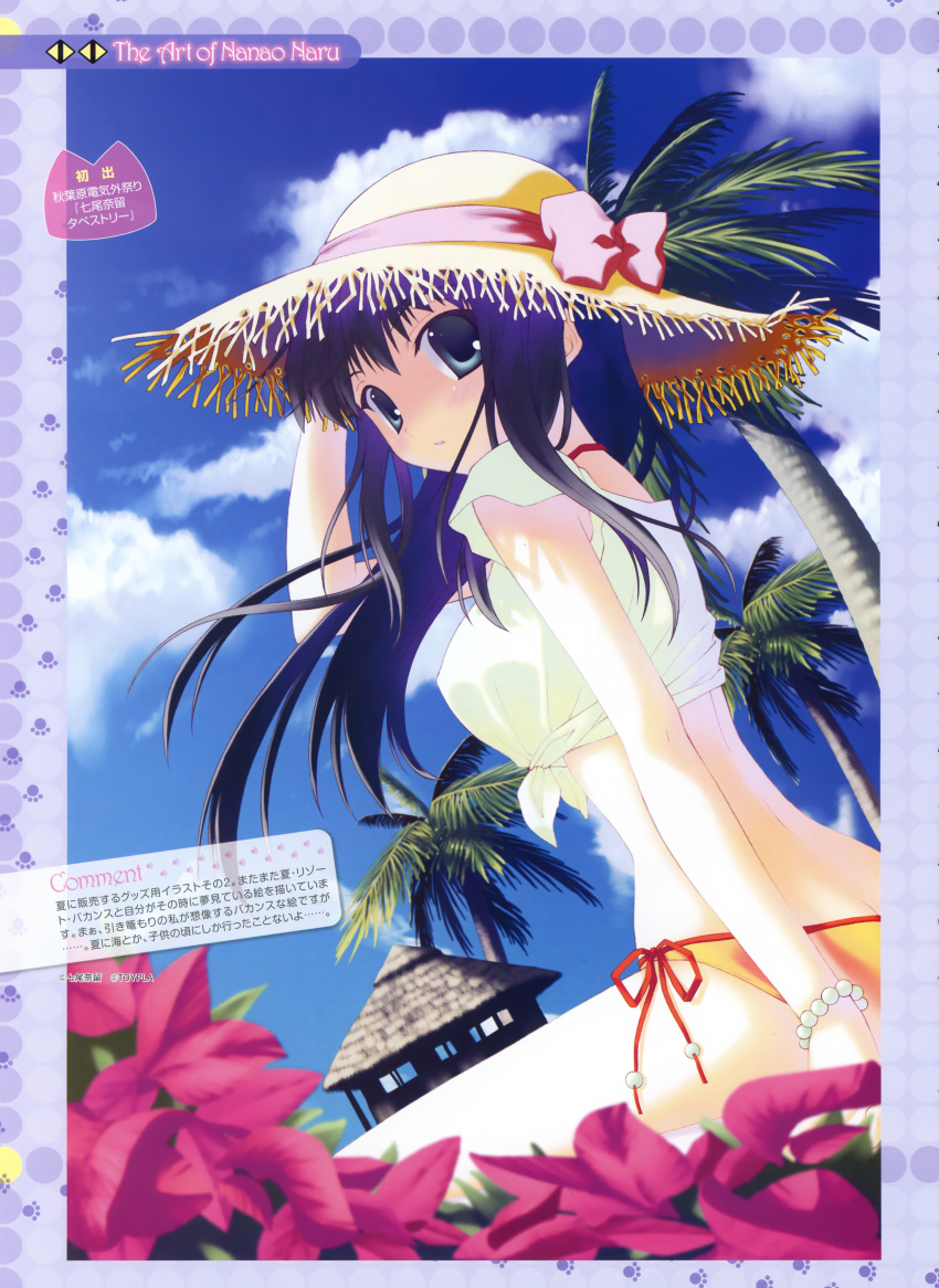 1girl absurdres bikini black_hair bracelet commentary copyright_request flower front-tie_top hat highres jewelry long_hair looking_back nanao_naru palm_tree side-tie_bikini sky swimsuit tagme tied_shirt tree