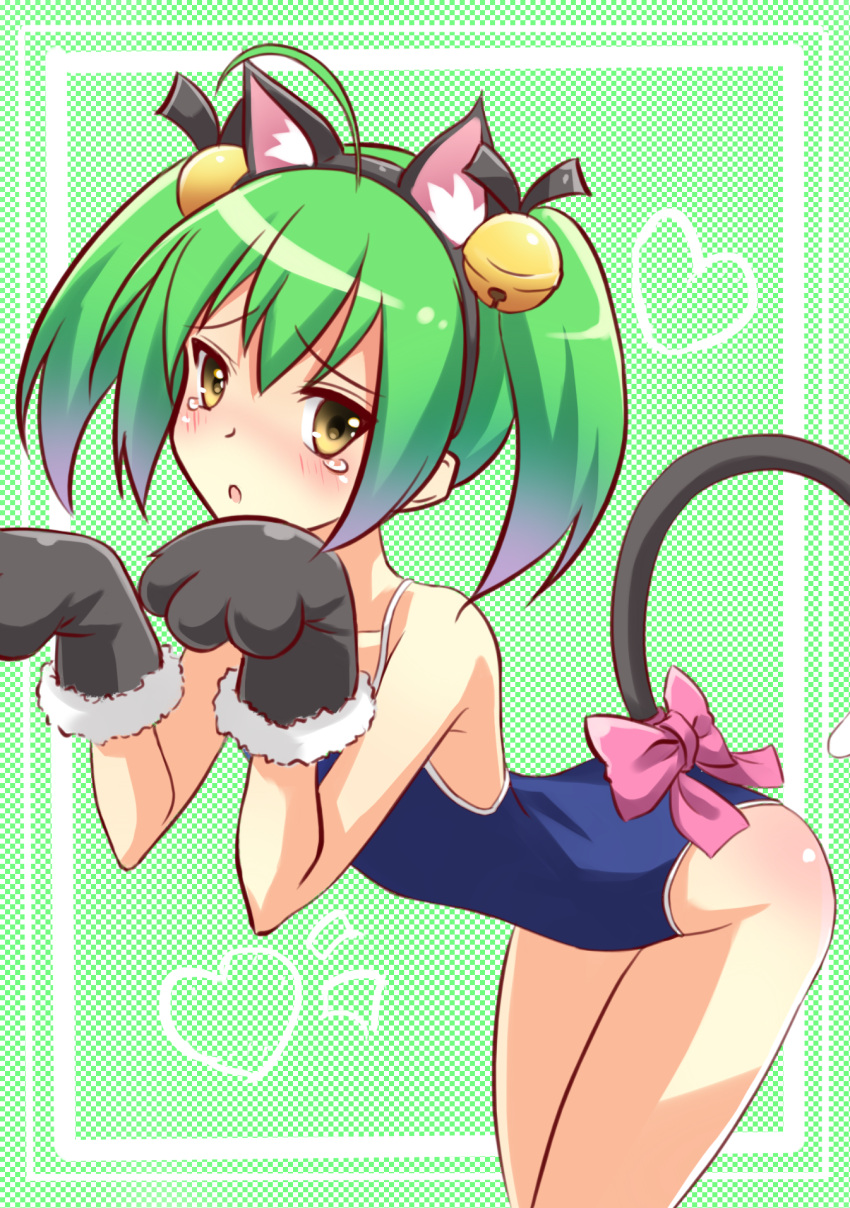 1girl ahoge ame_no_uta animal_ears bell blush bow cat_ears cat_paw cat_tail collarbone gj-bu green_hair highres jingle_bell kannazuki_tamaki open_mouth short_hair solo swimsuit tail tears twintails yellow_eyes