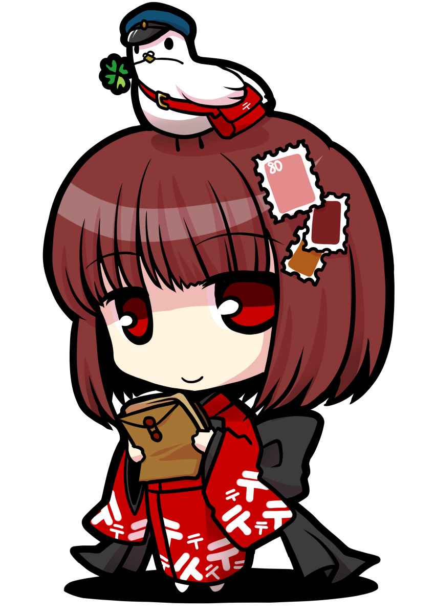 1girl absurdres bird bow chibi clover highres japanese_clothes kimono mail no_nose original personification postage_stamp postbox red_eyes socha solo