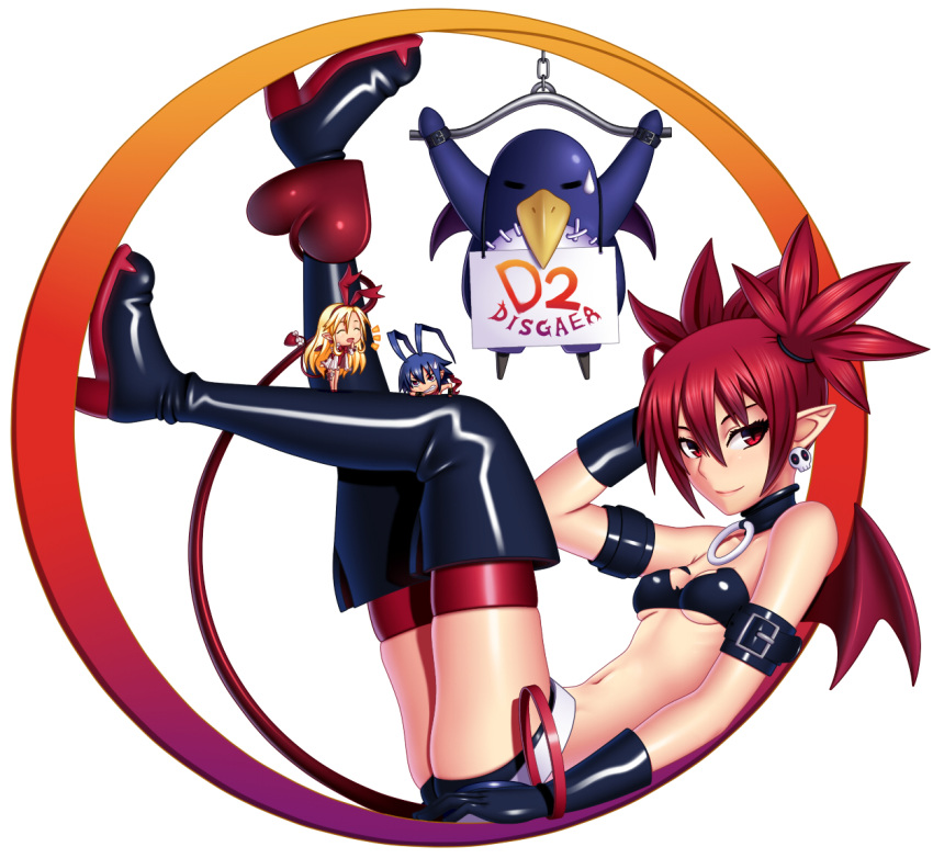 1boy 2girls ^_^ amase_(yagami666) bat_wings black_gloves blonde_hair blue_hair boots breasts choker closed_eyes demon_tail disgaea disgaea_d2 earrings etna flonne flonne_(fallen_angel) gloves hair_ribbon jewelry laharl midriff multiple_girls navel pointy_ears prinny red_eyes redhead ribbon short_hair simple_background skull smile tail thigh-highs thigh_boots twintails under_boob white_background wings