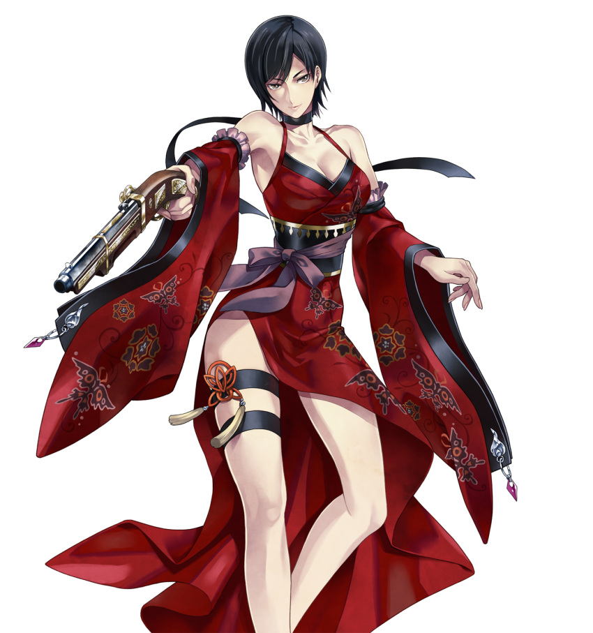 1girl ada_wong adapted_costume artist_request bare_legs bare_shoulders black_hair breasts capcom choker cleavage detached_sleeves dress flintlock floral_print frills grey_eyes gun highres large_breasts legs obi official_art onimusha_soul pistol red_dress resident_evil resident_evil_4 ribbon short_hair side_slit solo thigh_strap weapon