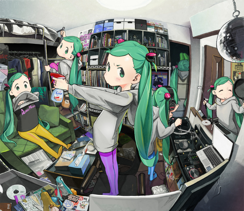 6+girls aqua_eyes aqua_hair bed casual clone computer desk disco_ball figures hatsune_miku highres hoodie indoors laptop long_hair looking_at_viewer magazine multiple_girls pantyhose pink_legwear product_placement re:dial_(vocaloid) sitting smile stag twintails very_long_hair vocaloid