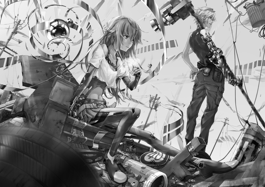 1boy 1girl absurdres belt collarbone essual_(layer_world) highres long_hair magic_circle monochrome original road_sign short_hair sign sitting skirt tagme weapon