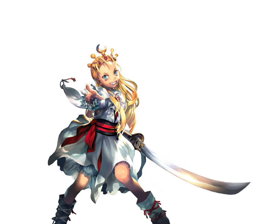 1girl absurdres adapted_costume blonde_hair bloomers blue_eyes boots capcom crown cyberbots devilot_de_deathsatan_ix dress flat_chest forehead grin highres japanese_clothes juno_jeong long_hair obi official_art onimusha_soul pointing pointing_forward smile solo sword underwear weapon