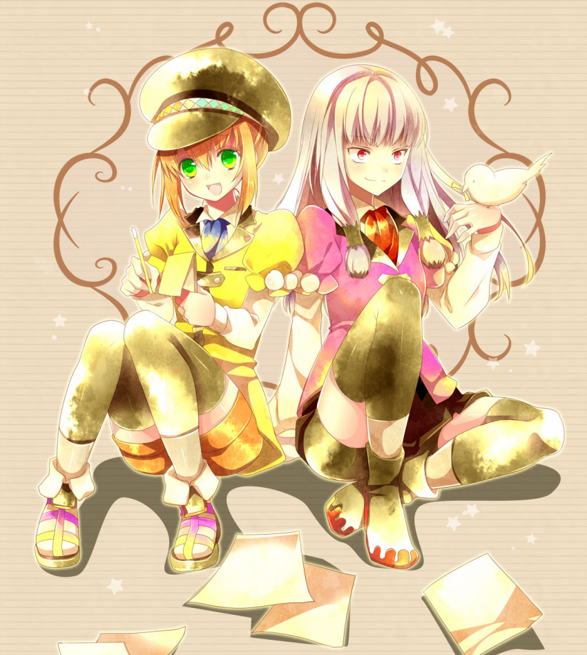 2girls agria albino alternate_costume bird bird_on_hand blazer brown_hair cabbie_hat green_eyes hair_tubes hat highres leia_roland long_hair multiple_girls necktie notepad payot red_eyes sepia_background shoes short_hair shorts sitting smile sumomo_(peach-breath) tales_of_(series) tales_of_xillia tales_of_xillia_2 thigh-highs white_hair