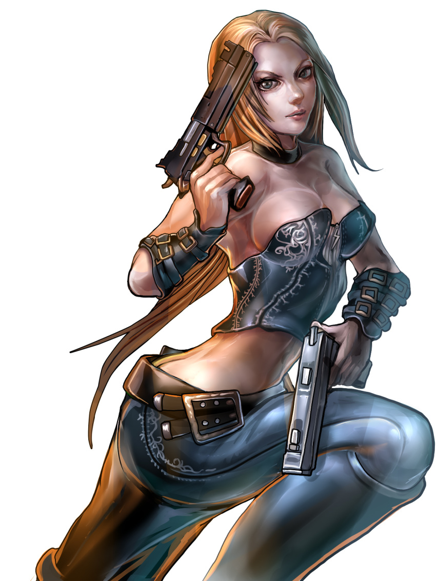1girl artist_request bare_shoulders belt blonde_hair blue_eyes boots bracer breasts butt_crack capcom choker cleavage corset devil_may_cry dual_wielding gun highres jeans knee_boots large_breasts lips long_hair midriff official_art onimusha_soul pistol solo trish weapon