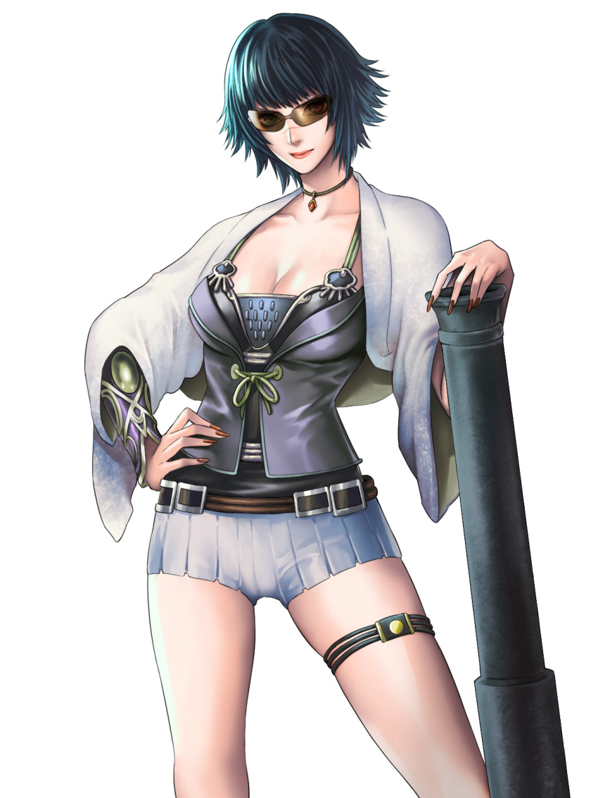 1girl artist_request black_hair bracer breasts cannon capcom choker cleavage devil_may_cry devil_may_cry_3 hand_on_hip highres huge_weapon lady large_breasts lipstick makeup nail_polish official_art onimusha_soul short_hair shorts smile solo sunglasses thigh_strap weapon