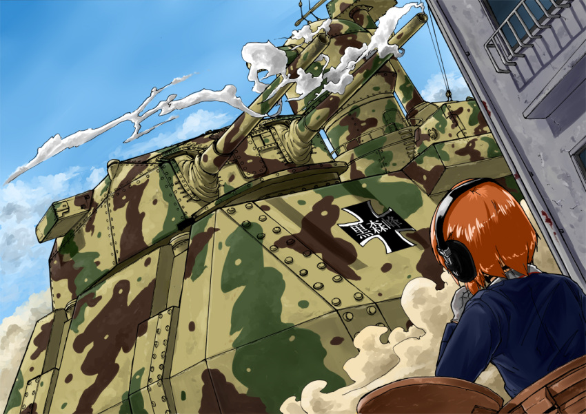 building cannon dutch_angle from_behind girls_und_panzer gun headphones landkreuzer_p._1000_ratte military military_vehicle miyako_(ta183) nishizumi_miho panzerkampfwagen_iv tank vehicle weapon