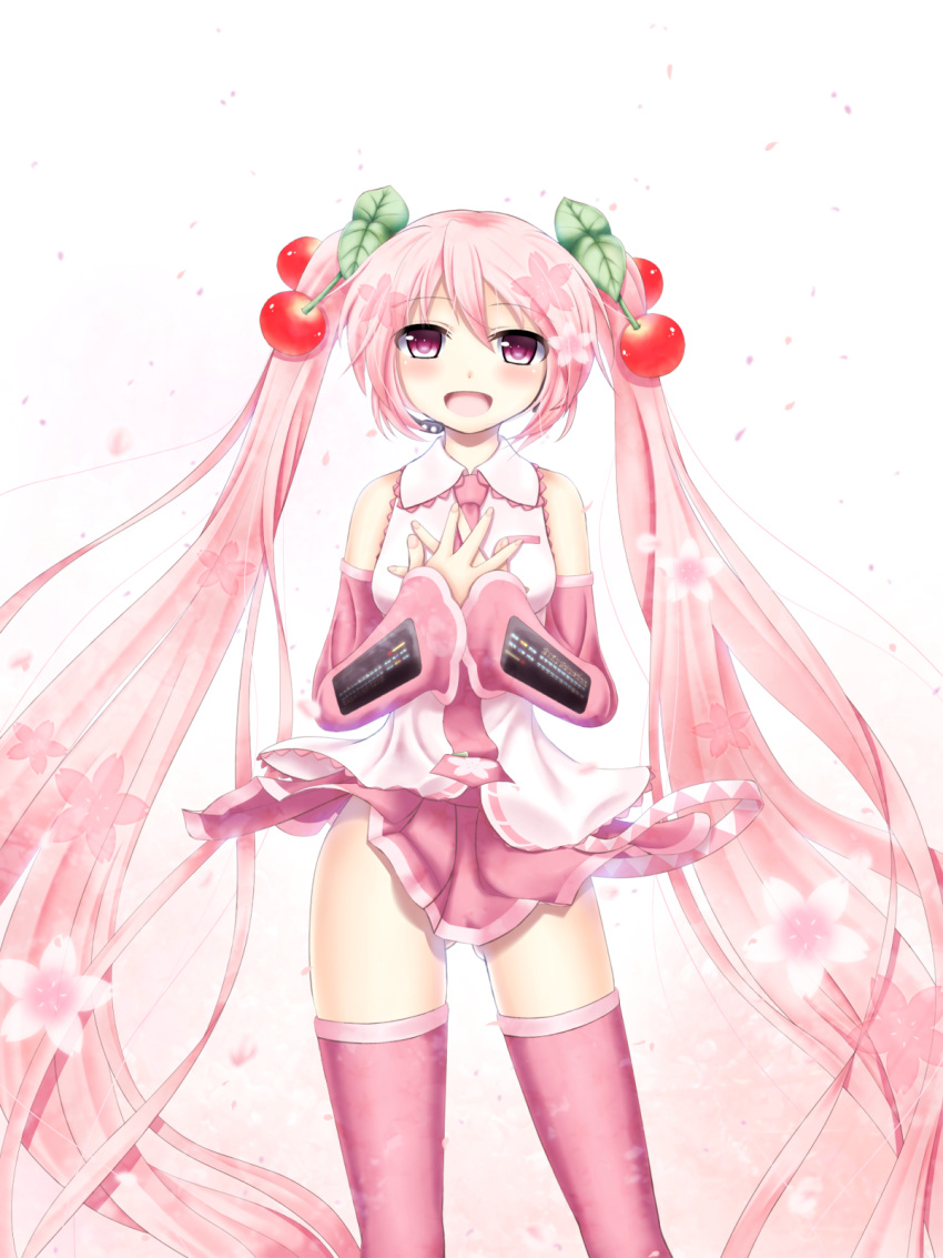 1girl cherry detached_sleeves food fruit hands_on_own_chest hatsune_miku headset highres long_hair nanatsuba necktie open_mouth petals pink_eyes pink_hair sakura_miku skirt solo thigh-highs twintails very_long_hair vocaloid white_background