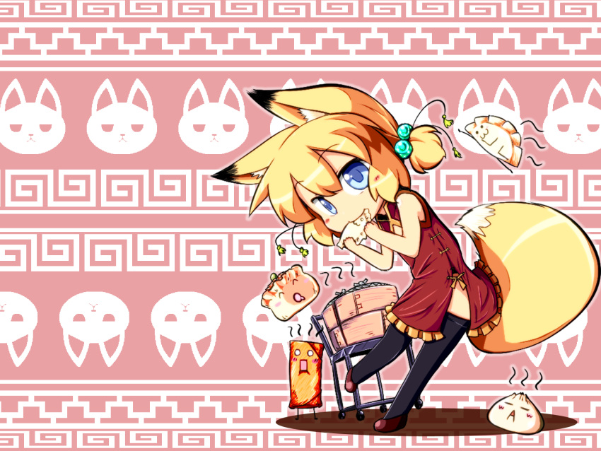 1girl animal_ears black_legwear blonde_hair blue_eyes chibi china_dress chinese_clothes dumpling eating food fox_ears fox_tail hair_bobbles hair_ornament highres inada_(masu_shu) jiaozi masu_shu original short_hair short_twintails side_slit solo tail thigh-highs twintails