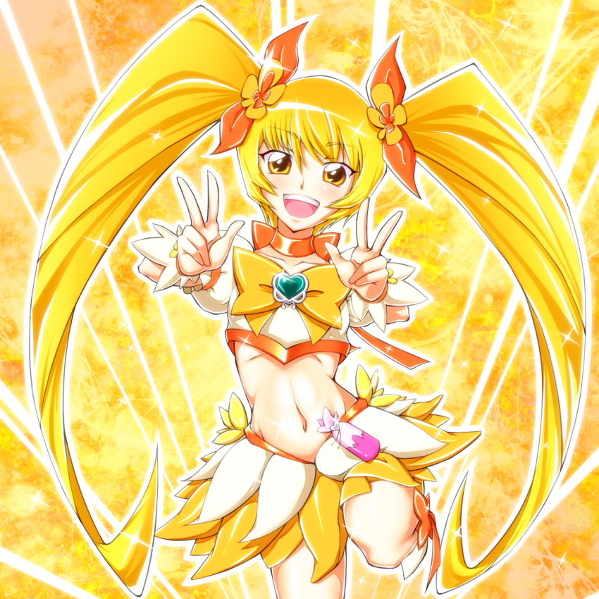 1girl blonde_hair choker cure_sunshine double_v hair_ribbon heart heartcatch_precure! highres long_hair magical_girl midriff myoudouin_itsuki navel open_mouth precure ribbon skirt smile solo suzaku4752 twintails v yellow_eyes