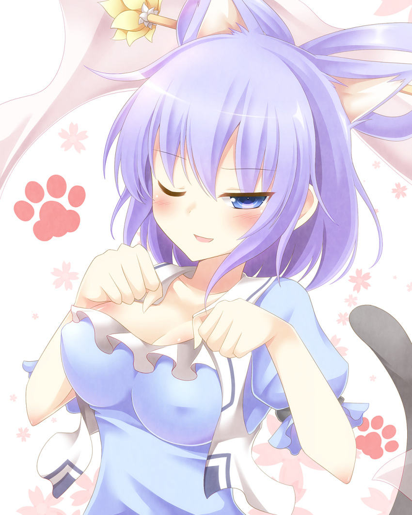 1girl animal_ears blue_eyes blush breasts cat_ears cat_tail cleavage collarbone hair_rings hair_stick highres kaku_seiga kemonomimi_mode large_breasts looking_at_viewer open_vest paw_pose paw_print pen-zin puffy_sleeves purple_hair shawl shirt short_sleeves smile solo tail touhou wink